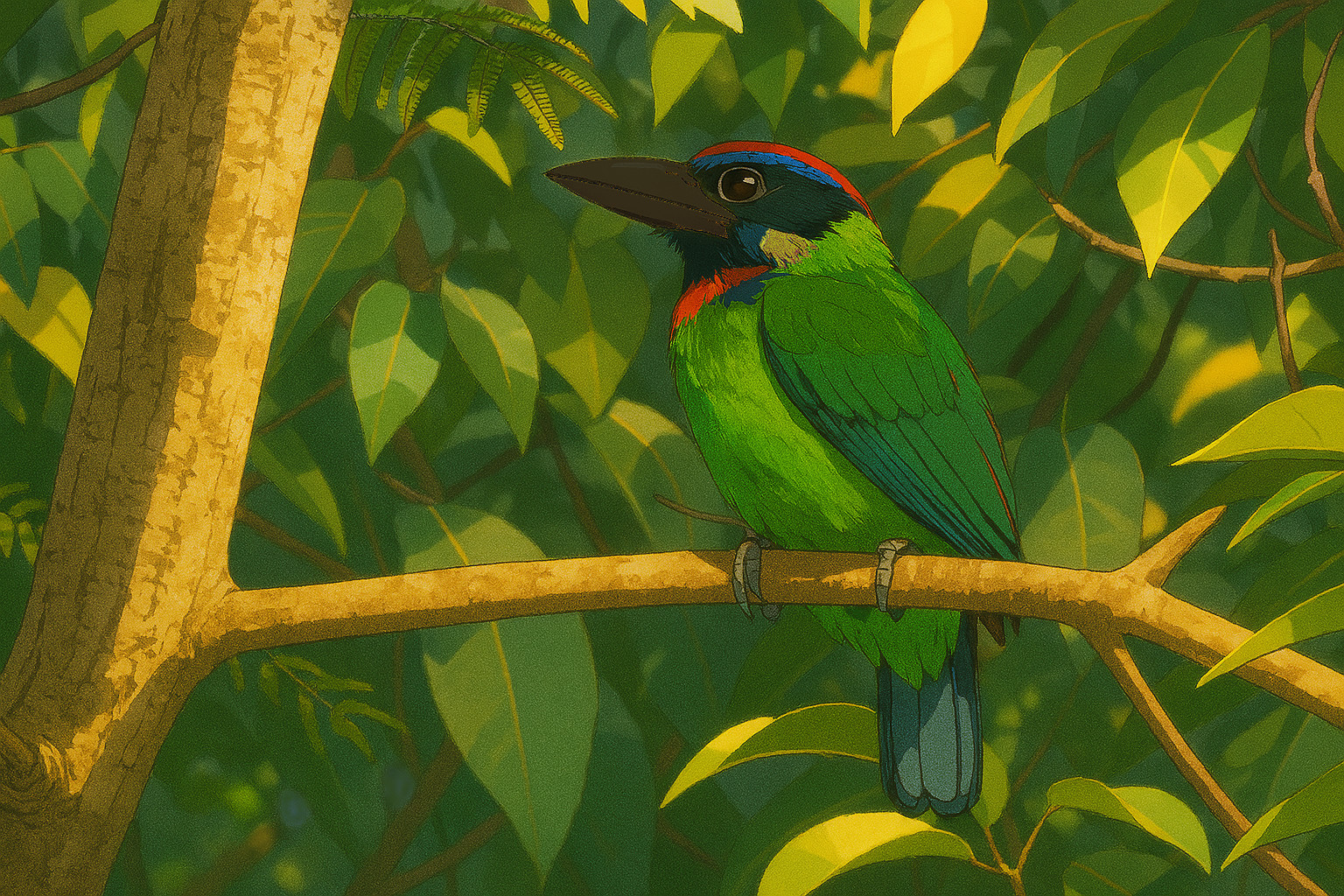 Great Barbet in Sunset Forest